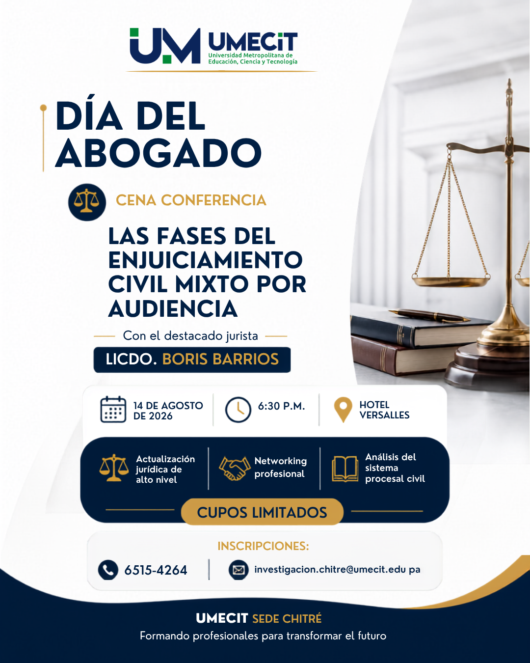 Profesionales del derecho se reunirán en UMECIT para analizar las fases del enjuiciamiento civil mixto por audiencia